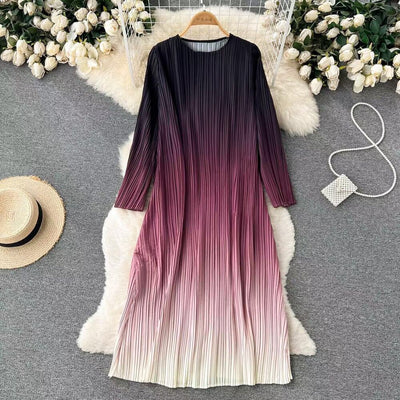 Gradient Dress Women O-Neck Short Sleeve Loose Casual Folds New Fashion Korean Fashion Traf Midi Dresses