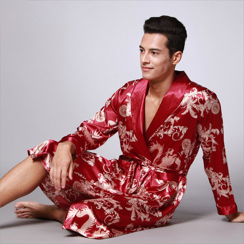 Nightgown Silk Ice Silk Men's Pajamas Men's Long Sleeve Nightgown Bathrobes