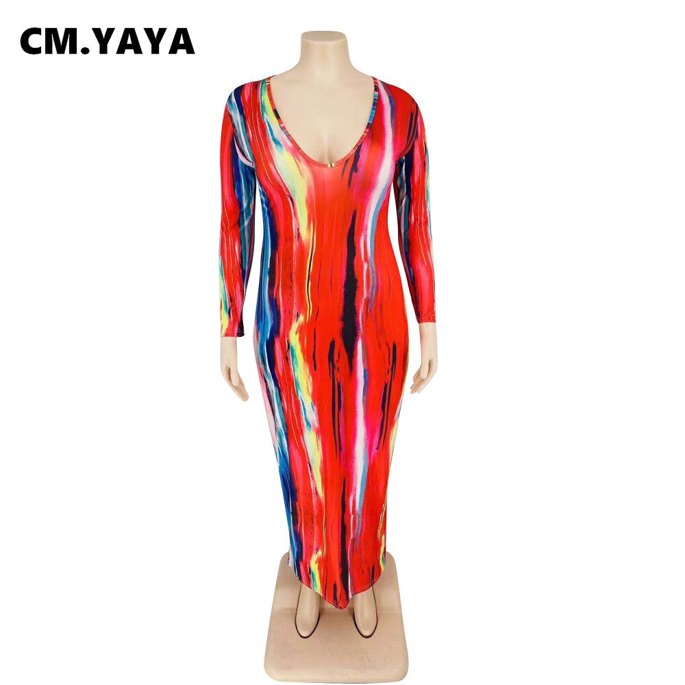 Women Plus Size Dress Tie Dye Full Sleeve V-neck Stretchy Skinny Boydcon Pencil Long Maxi Dresses Sexy Vestidos Autumn