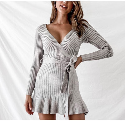 Sexy V Neck Knitted Dresses Women Long Sleeve - The Grace