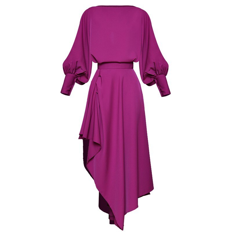 Woman Dress Lanter Sleeve Loose Asymmetrical Design Elegant Purple Solid Slash Neck Ruffled Dresses New Autumn