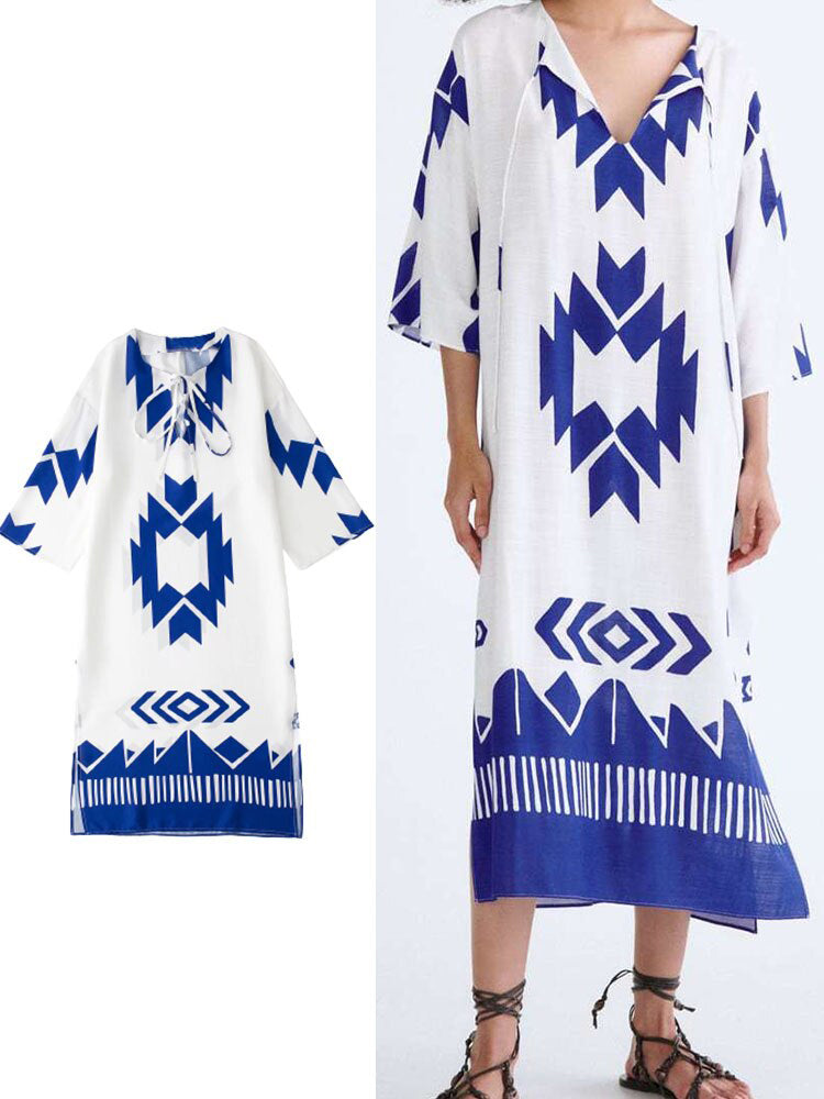 Printed Kaftans For Women Blue White Boho Long Dress Women Summer Dresses Woman Loose Casual Dresses