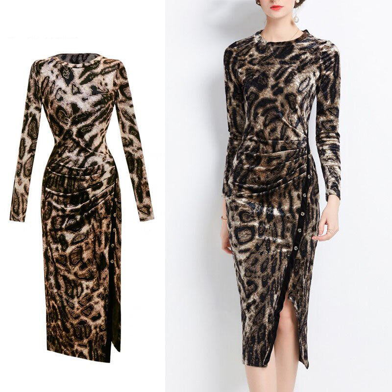 Designer Slimy Pencil Midi Dress Split Bodycon Leopard Velvet Sexy Buttons Brown Party Night Dresses For Women