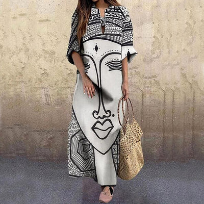 Vintage Portrait Print Dress Abstract Face High Waist Women Dresses - The Grace