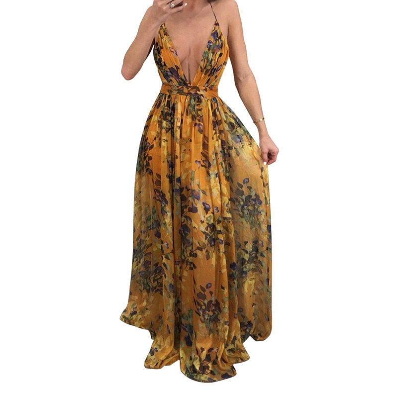 Women Dresses Summer Sexy Maxi Boho Style Print Party Dress Deep V Neck Backless Long Dress