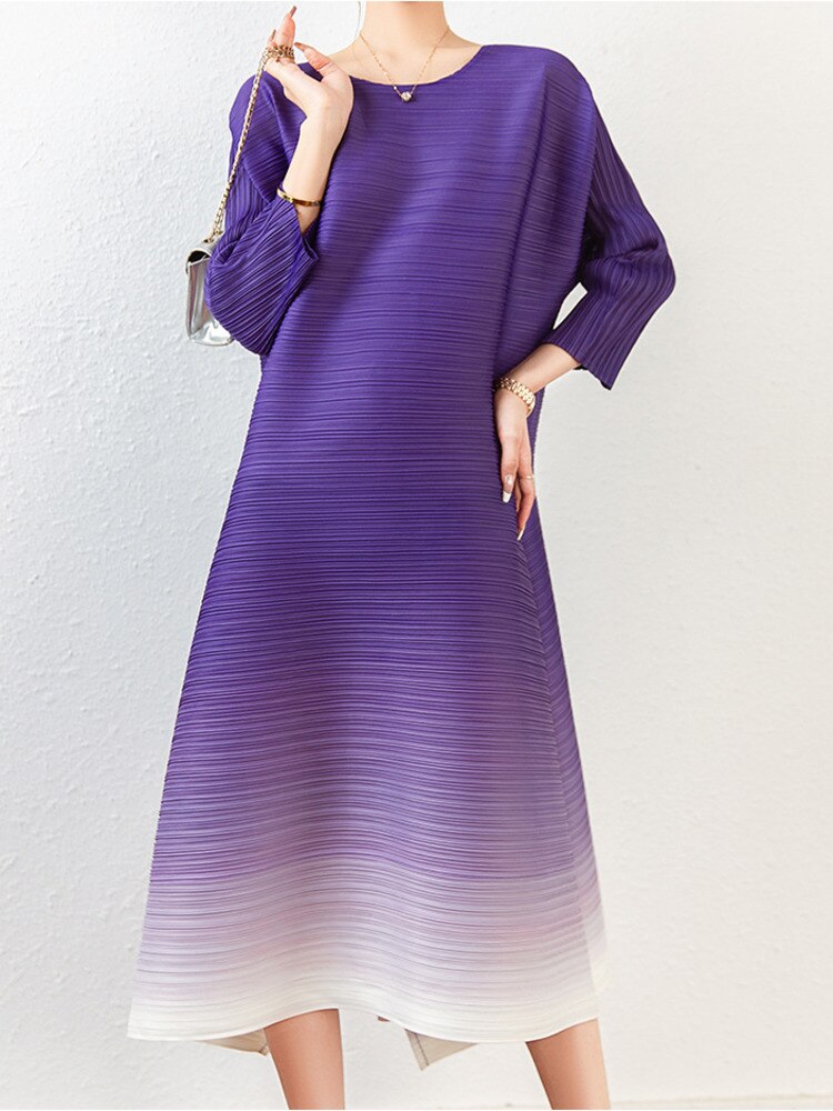 Women Pleated Dress Gradient Color O-neck Elegant Loose Waist Long Sleeve Dresses - The Grace