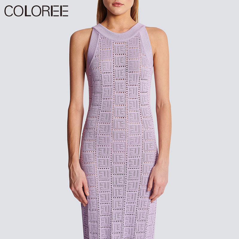 European High Quality Purple Knitted Dresses Women Luxury Designer Elegant O-neck Sleeveless Midi Summer Dress 2023