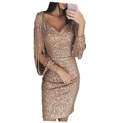 Women Knee Length Party Dress Gold Tassel Dresses Female Bodycon Long sleeve Bright Silk Shiny Dress Vestidos