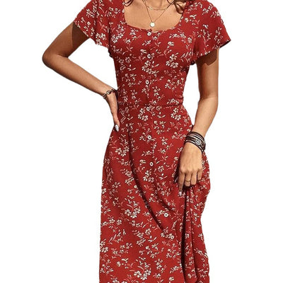 Women's Fashion Simple Floral Square Collar Button Split Dress - The Grace