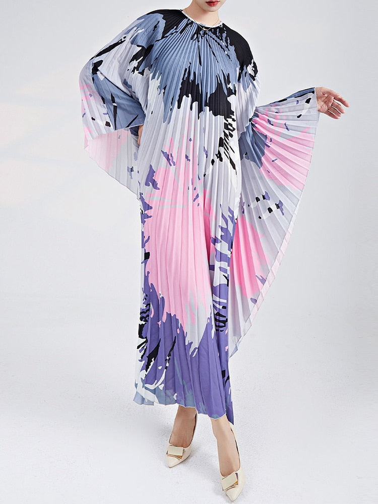 Miyake Pleated Dress Designer Printed Round Neck Batwing Sleeves High End Holiday Dresses for Women - The Grace