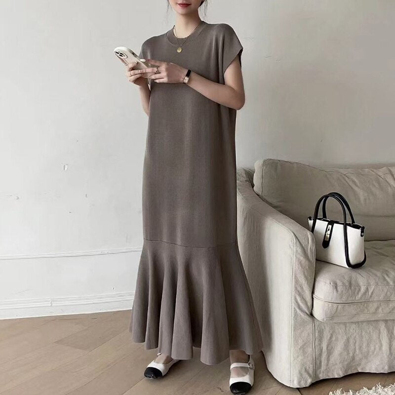 [EWQ] Women Fashion Trumpet Knit Dress O-neck Loose Causal Knitting Short Sleeve Dresses Summer New Tide Vestidos 16Y9116