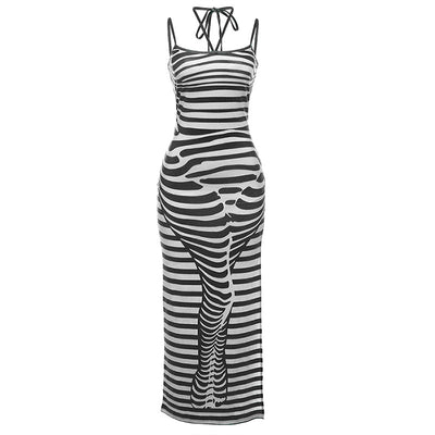 Women Striped Printed Knit Sleeveless  Dress Vestidos Sexy Party Evening Dresses