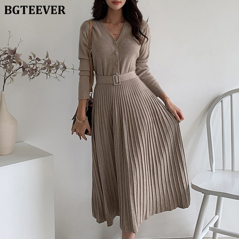 BGTEEVER Elegant V-neck Single-breasted Women Thicken Sweater Dress Autumn Winter Knitted Belted Female A-line soft dresses