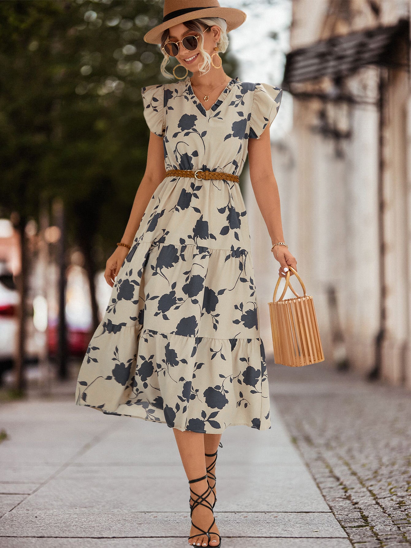 Women's V-neck Printed Flying Sleeves Dress - The Grace