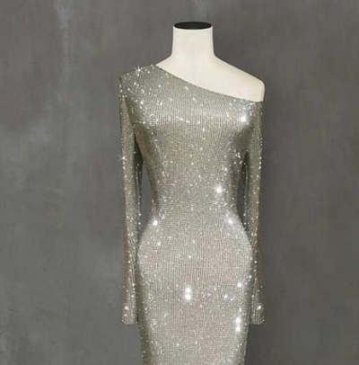 Europe and the United States one shoulder asymmetric sparkling crystal long dress skirt dress - The Grace