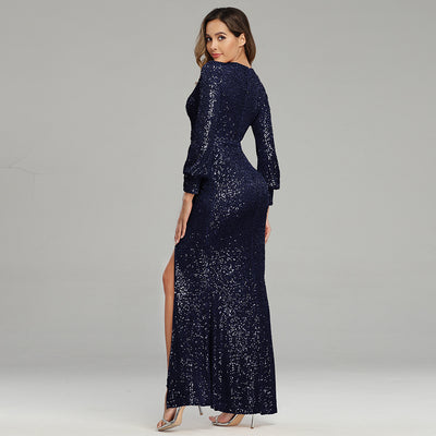 Fantasy Celebrity Sexy High Slit Long Sleeve Sequined Banquet Evening Dress Women - The Grace