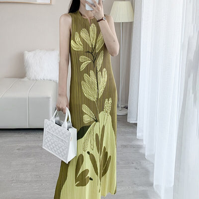 Pleated Dress Women Designer Printed V-neck Sleeveless A-line Contrast Color Dresses Female Clothing