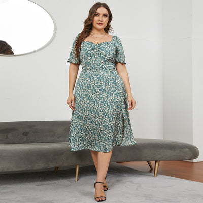 New plus Size Women French Square Neck Waist Open Long Floral Dresses Summer JR5031 - The Grace