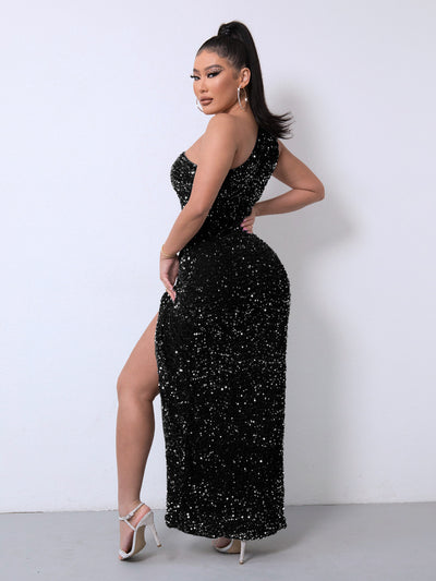 Sleeveless One Shoulder Slash Neck Sequins Gorgeous Slit Women's Dress - The Grace