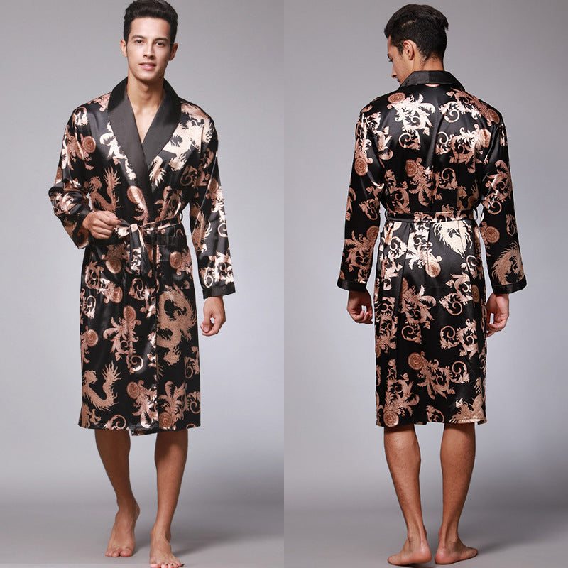 Nightgown Silk Ice Silk Men's Pajamas Men's Long Sleeve Nightgown Bathrobes