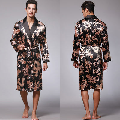 Nightgown Silk Ice Silk Men's Pajamas Men's Long Sleeve Nightgown Bathrobes