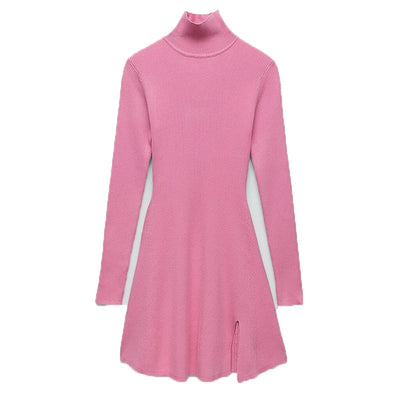 Women Fashion Chic Pink Side Split Slim Knitted Mini Dress Female Elegant Turtleneck Long Sleeve Dresses Vestidos