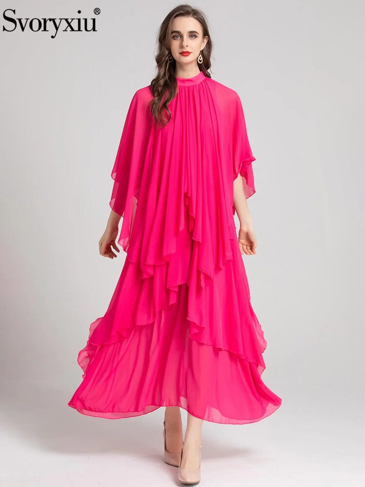 Runway Summer Bohemian Dress Women's Stand collar Butterfly Sleeve Draped High waist Asymmetrical Rose Red Maxi Dresses