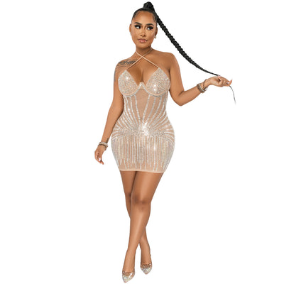 Sling Wrapped Chest Rhinestone Mesh Perspective Skirt Dress - The Grace