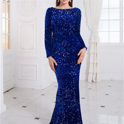 Women Modest Stretch Sequin Royal Blue Evening Prom Gown Party - The Grace