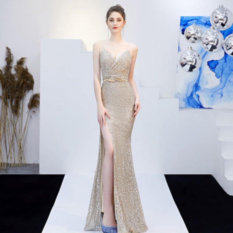 New Banquet Elegant Annual Meeting Long Host Deep V Sexy Fishtail Sequined Dress - The Grace