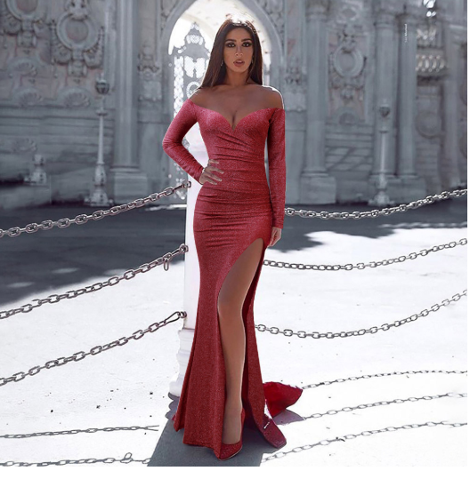 One-shoulder long-sleeved dress with high split hip evening dress - The Grace