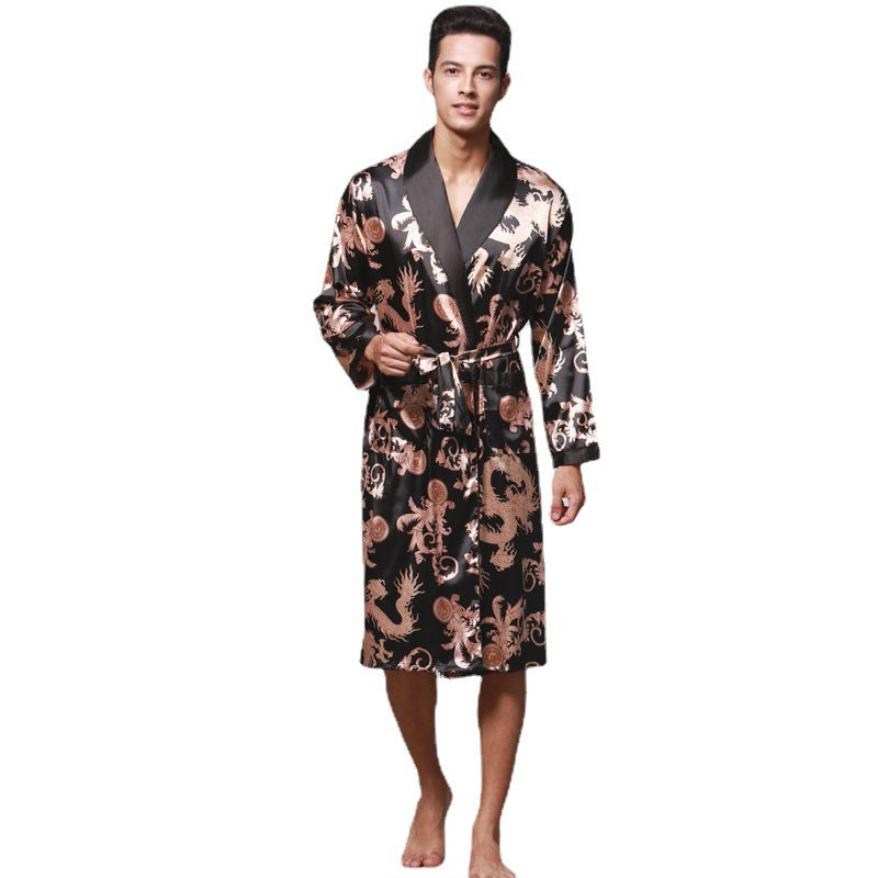 Nightgown Silk Ice Silk Men's Pajamas Men's Long Sleeve Nightgown Bathrobes