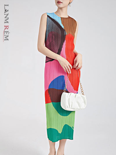 Fashion Printed Pleated Dress For Women Round Neck Sleeveless Color Block Slim Dresses - The Grace