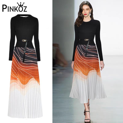 Runway Designer Patchwork Knitting Black Orange Pleated Midi Dresses For Women Backless Elegant Winter Dresses - The Grace