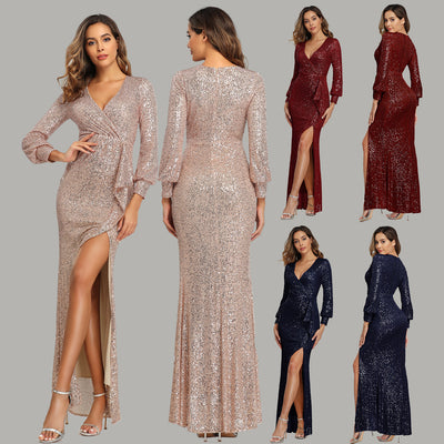 Fantasy Celebrity Sexy High Slit Long Sleeve Sequined Banquet Evening Dress Women - The Grace