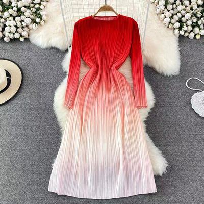 Gradient Dress Women O-Neck Short Sleeve Loose Casual Folds New Fashion Korean Fashion Traf Midi Dresses