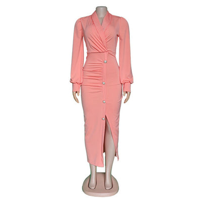 woman pink long-sleeved dress office dresses - The Grace