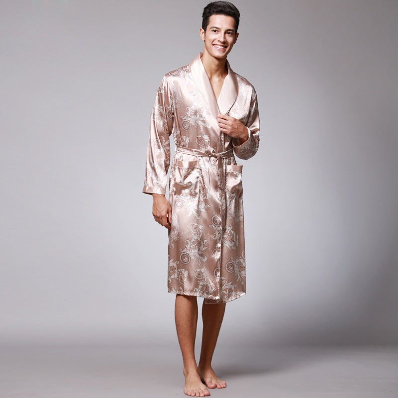 Nightgown Silk Ice Silk Men's Pajamas Men's Long Sleeve Nightgown Bathrobes