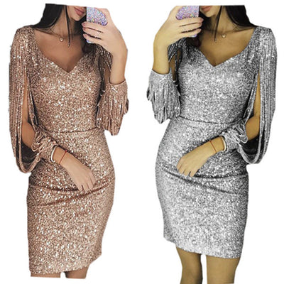 Women Knee Length Party Dress Gold Tassel Dresses Female Bodycon Long sleeve Bright Silk Shiny Dress Vestidos