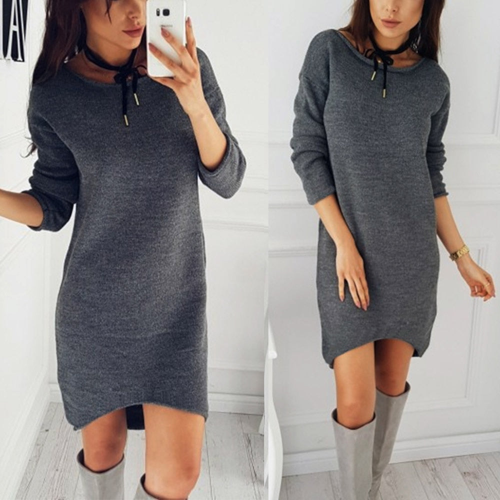 Women Autumn Winter Women Dress Long Sleeve Solid Color Ladies Loose Casual Dresses Lady Bodycon Robe Dresses