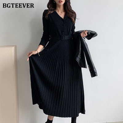 BGTEEVER Elegant V-neck Single-breasted Women Thicken Sweater Dress Autumn Winter Knitted Belted Female A-line soft dresses