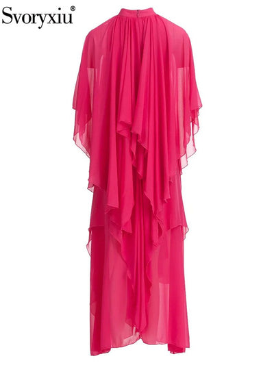 Runway Summer Bohemian Dress Women's Stand collar Butterfly Sleeve Draped High waist Asymmetrical Rose Red Maxi Dresses