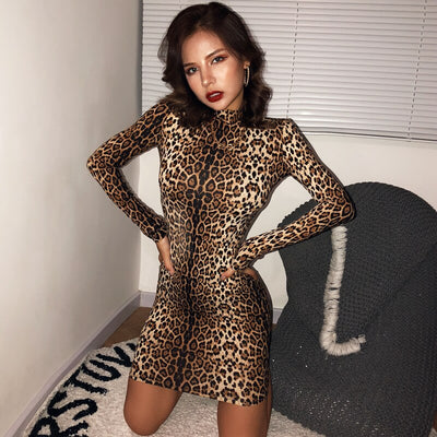 Hugcitar leopard print long sleeve slim bodycon sexy dress autumn winter women streetwear party festival dresses outfits