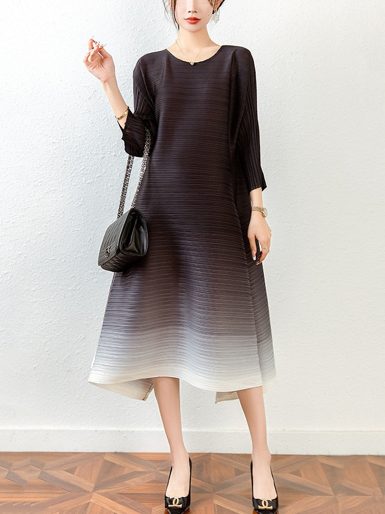 Women Pleated Dress Gradient Color O-neck Elegant Loose Waist Long Sleeve Dresses - The Grace