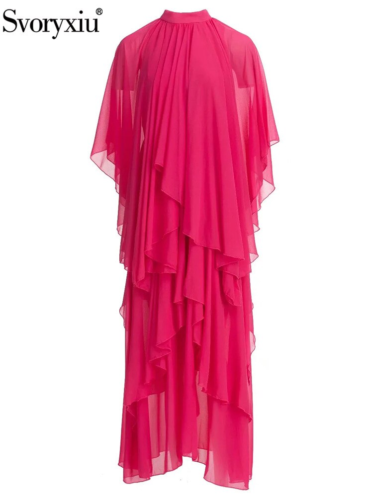 Runway Summer Bohemian Dress Women's Stand collar Butterfly Sleeve Draped High waist Asymmetrical Rose Red Maxi Dresses