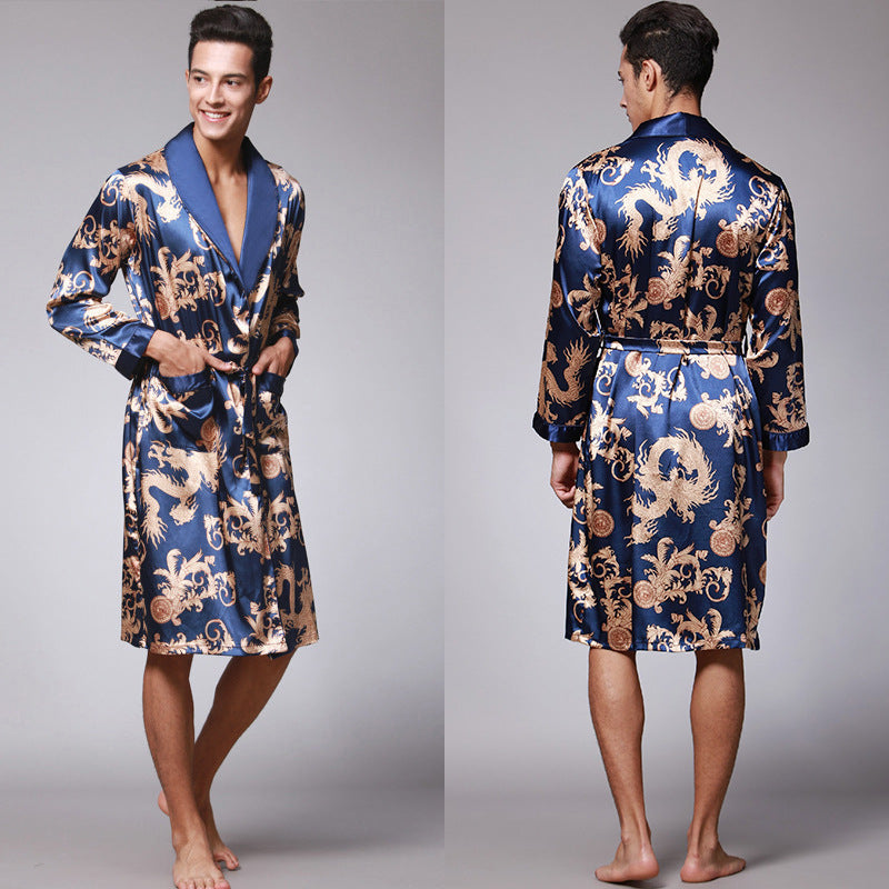 Nightgown Silk Ice Silk Men's Pajamas Men's Long Sleeve Nightgown Bathrobes