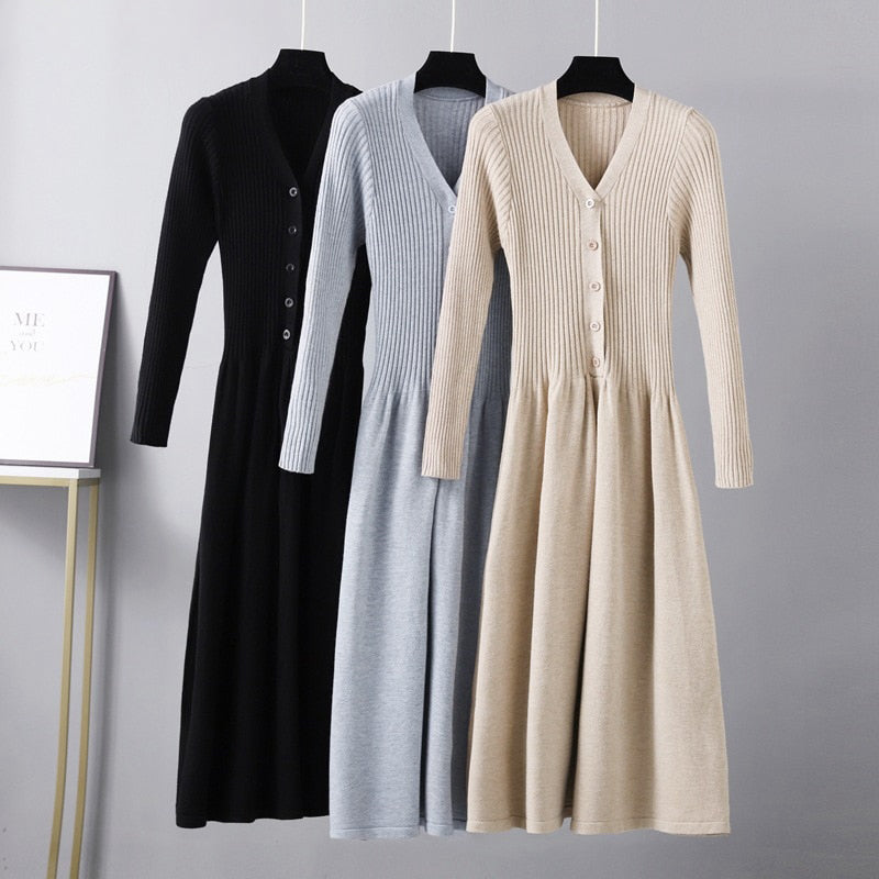 Winter Long Knit V Neck Women A Line Sweater Dress Single Breasted Pleated Dresses Christmas Party Holidays Dresses - The Grace