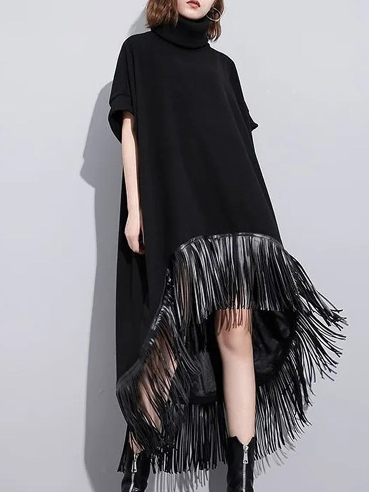 Women Summer Large Size Tassel Dresses High Collar Loose A-line Dresses Short-sleeved Tassel Dress Women