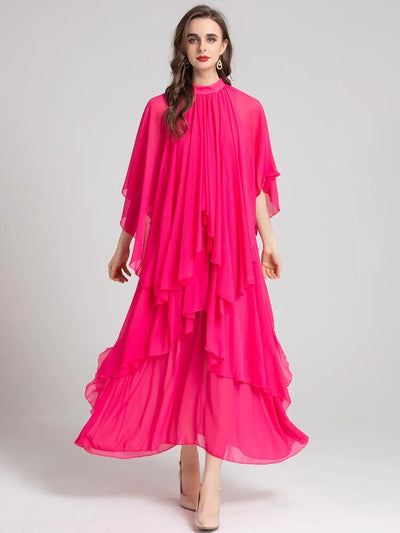 Runway Summer Bohemian Dress Women's Stand collar Butterfly Sleeve Draped High waist Asymmetrical Rose Red Maxi Dresses