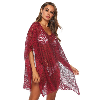 Summer Beach Dress Bikini Cover Up Tunic Women Red Chiffon Bathing Suit Sexy See Through Swimsuit Dresses Mesh Beachwear